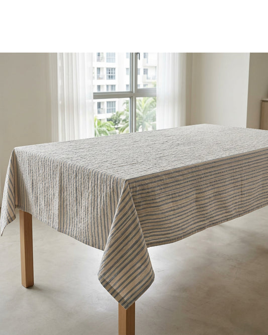 Fbknd Rectangular Cotton Seersucker Stripe Tablecloth Sand Blue 140 x 210 cm - Lifestyle view